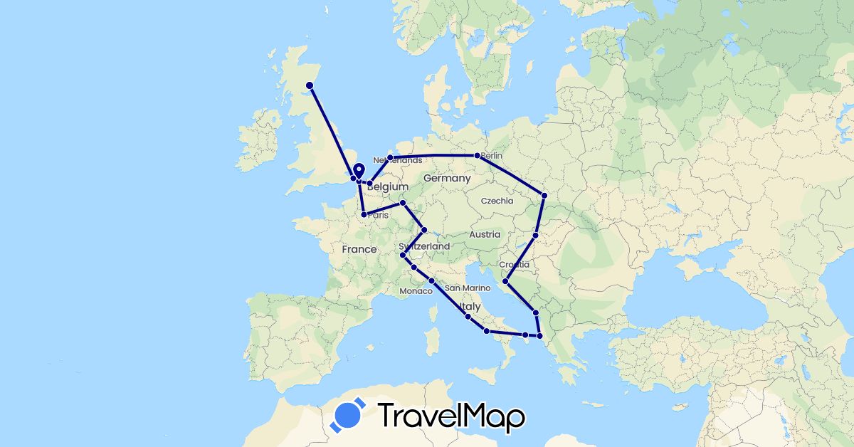 TravelMap itinerary: driving in Albania, Bosnia and Herzegovina, Belgium, Switzerland, Germany, France, United Kingdom, Italy, Luxembourg, Montenegro, Netherlands, Slovakia (Europe)